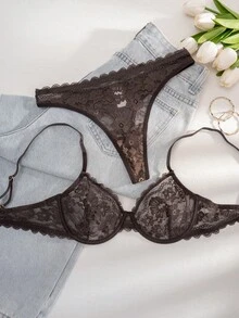 1 Conjunto de Sujetador con Aros y Volantes de Encaje de unicolor Cómodo para Mujer - Marrón Chocolate - Ver 3