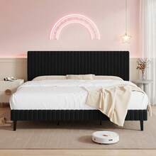 Twin Bed Frame, Velvet Upholstered Platform Bed With Vertical Channel Tufted Headboard And Footboard, Pink/ White/ Green/ Black/ Blue, Full Bed Frame/ Queen Bed Frame/ King Bed Frame ﻿ - 黑色 - 查看 7