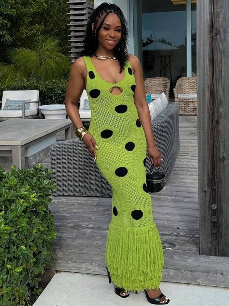 Fashionable, Fresh And Feminine Style, Slim Fit And Slimming Party, Street Vacation, Sexy Hip Hugging Knitted Dress, Black Polka Dot Skirt, Tassel Long Dress - 綠色 - 查看 1