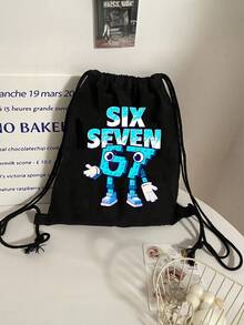 Blue 67 Letters Six Seven Print Women's Backpack - With 67 Number Design ,Backpack With Drawstring,Casual Foldable Shoulder Bag With Fixed Straps And Closure,Drawstring Gym Bags, Large Capacity Bag,Multifunctional Drawstring Bag - Multicolor - View 5