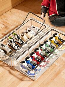 Caja de almacenamiento de zapatos rectangular transparente y plegable, adecuada para el almacenamiento de zapatos y ropa debajo de la cama, hecha de material de PVC transparente, no impermeable, de almacenamiento multifuncional, con soporte de marco de acero, con dos ventanas extraíbles, adecuada para zapatillas y tacones altos, organizador de almacenamiento decorativo para el espacio debajo de la cama - Multicolor - Ver 7