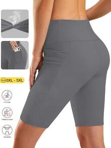 Calções de ciclismo femininos de cintura alta, leves e respiráveis, com elástico, bolsos e modelagem que acentua a cintura e o abdômen. - Cinza escuro - Ver 4