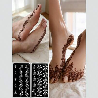 2pcs Flower Tattoo Hollow Stickers, Foot Stencil Stickers For Temporary Body Painting Art,Color Painting Template, Suitable For Festivals And Events, Mehndi Deisngs