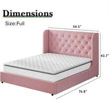 Full Bed Frame With Velvet Button-Tufted Headboard , Upholstered Bed Frames, Soft Fabric, Button Tufted Headboard With Windback, Curved Wingback Design,  Queen Bed Frame/ King Bed Frame/ Full Size Bed Frame, Pink/ White/ Grey - 粉色 - 查看 8