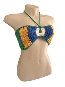 Crochet Top With Straps - 100% Cotton - Spring/Summer Beachwear - 綠/黃/藍/白 - 查看 5