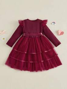 Toddler Dress Girls Ruffle Long Sleeve Layered Tulle Dress Fall Spring Fashion Party Dresses 3-10T, Kids Holiday Birthday Wedding Outfit - 紅色 - 查看 8