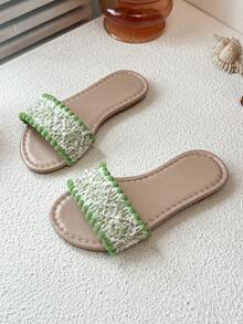 2026 New Girls' Knitted Pom-Pom Anti-Slip Open Toe Flat Sandals, Suitable For Birthday Party/Halloween Costume/Celebrating New Year At Home - Green - View 3