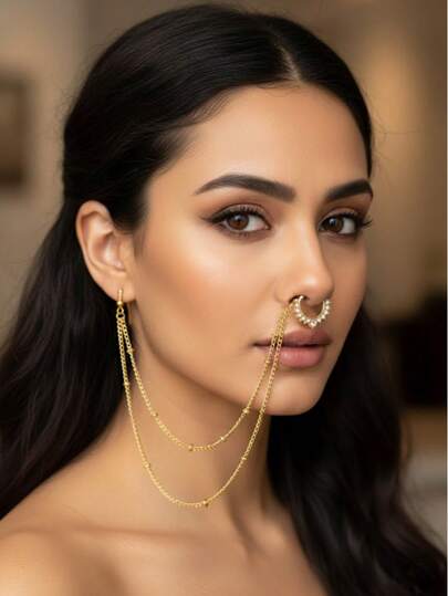 CIZME 1件/套金色假鼻环，鼻中隔链耳环饰品 - 鼻钉吊坠鼻链穿刺装饰，夹式吊坠鼻中隔耳环（女士款），万圣节装饰，珠子数量随机