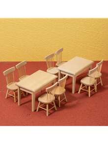 5pcs 1:12 Scale Miniature Oak Wood Dining Table And Chairs, Dollhouse Furniture Accessories, DIY - Miniature Model - View 4