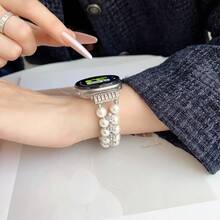 1件白色彈性珠飾人造鋯石閃亮錶帶，適用於 Galaxy Watch9/8 40mm/44mm 與 Galaxy Watch9/8 Classic 46mm，水晶手鍊風格珠寶錶帶，免扣環彈性女款珠寶風替換腕帶 - 白色 - 查看 4