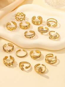 2/4/6/8/12pcs Stainless Steel 18K Gold Plated Mixed Pattern Rhinestone Inlaid Open Ring Set, Assorted Styles Randomly Shipped - Yellow Gold - View 5