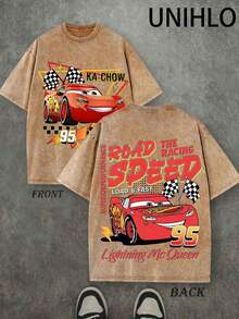 Disney UNIHLO   Lightning Mcqueen   Printed Summer Heavyweight Retro Washed Street Fashion Casual T-Shirt - Mocha Brown - View 1