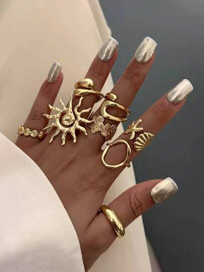 8 pezzi Set di anelli decorativi vintage con motivi geometrici, stelle marine asimmetriche, girasoli, conchiglie, adatti per uso casual, vacanze, uso quotidiano, regali per compleanni, per fidanzata/mamma (senza scatola)