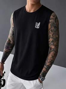Men's Letter & Water Cup Print Black Crew Neck Casual Tank Top - Black - View 2