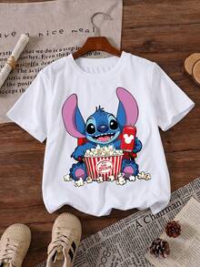 Disney Lilo & Stitch Cute Movie Night Popcorn & Soda Graphic Printed Pattern T-Shirts For Girls - Children's Clothing Design Short-Sleeved Casual And Cute Style Comfortable And Casual Wear All Year Round Suitable For Parties And Play Machine Washable Gift Children's Clothing Girls' Short-Sleeved Shirts - trắng - Xem 2