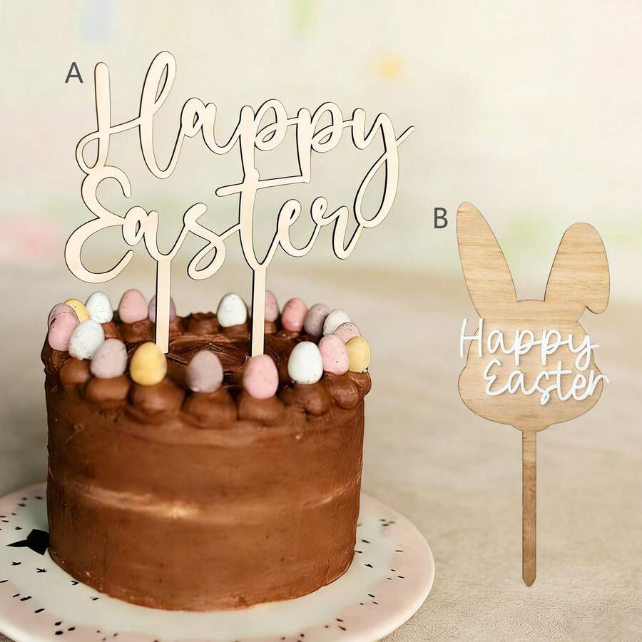 1pc/3pcs/6pcs Wooden Rabbit Easter Cake Decorations, Suitable For Easter Theme Party DIY Cake, Dessert, Baking Decor - Multicolor - View 1