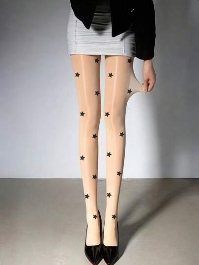 1 Piece Women's Skin Tone Big Star Print Horse Oil Stockings High Elastic Smooth Soft Pantyhose For Outdoor Shopping Wear
