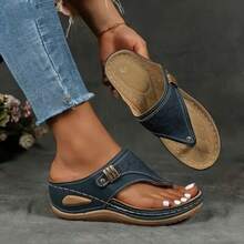 Cut-Out Wedge Flip-Flop Sandals, Adjustable Buckle Non-Slip Casual Platform Shoes For Summer Outdoor Daily Wear - Blue - View 3