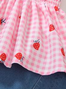 2pcs/Set Girls Summer Outfit, Cute Sweet Gingham Strawberry Print Bow Camisole Top And Blue Denim Shorts Set, Toddler/Little Kids - Pink - View 4