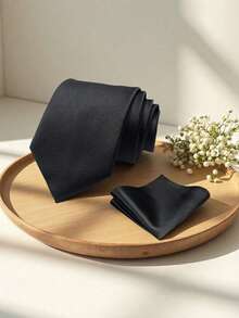 男士深绿色 3.15 英寸领带和口袋巾套装，商务婚礼纯色领带和手帕套装 - 黑色 - 查看 3