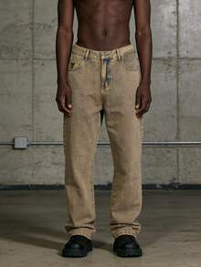 Men's Faded Wash Straight Leg Jeans, Casual Street Fashion, Suitable For All Seasons - Yellow - View 2