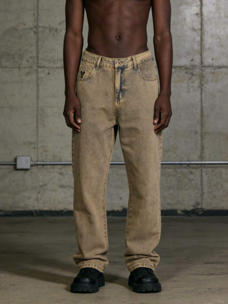 Herren Jeans mit ausgewaschener Optik, gerade Passform, lässiger Straßen-Stil, geeignet für alle Jahreszeiten - Gelb - Übersicht 1