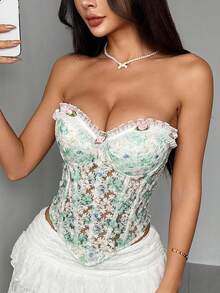 Áo croptop corset ôm sát, xếp ly thời trang INS, viền ren cotton thêu hoa, kiểu yếm hở lưng, thích hợp cho mùa hè. - Màu xanh Bạc hà - Xem 2