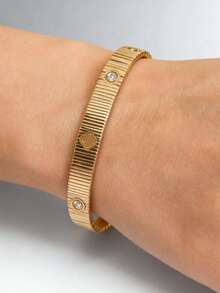 1件百搭时尚防水防褪色钛钢镶钻四叶花手链，适合日常佩戴和派对场合 - 條紋手鐲 - 查看 3