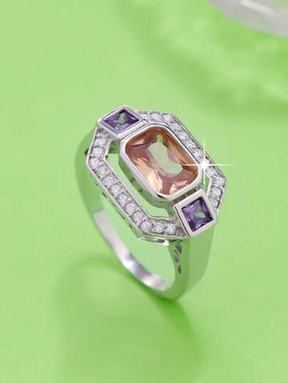 1pc Women's Elegant Rectangular Synthetic Zirconia Ring, Suitable As Birthday Gift, Holiday Gift, Valentine's Day Gift, Also Suitable For Gifting Friends, Suitable For Daily Wear, Parties And Banquets