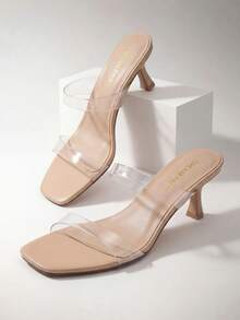 Women Kitten Heel Mule Sandals Square Open Toe Two Strap Slip-On Low Heeled Sandals Casual Summer Mules Shoes - Clear - View 1