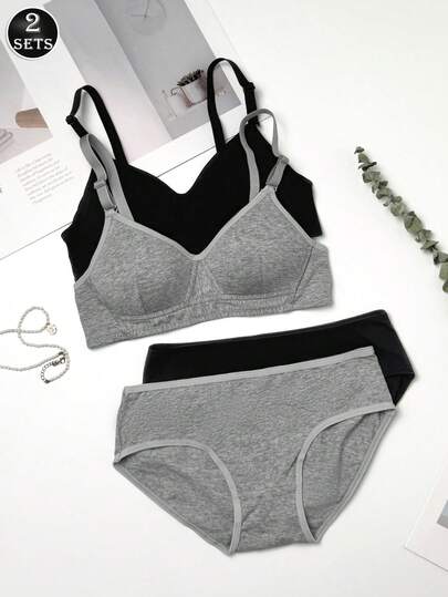 Set de 2 piezas/4 piezas de sujetador inalámbrico y conjunto de ropa interior cómoda de unicolor para adolescentes, estilo minimalista adecuado para chicas adolescentes