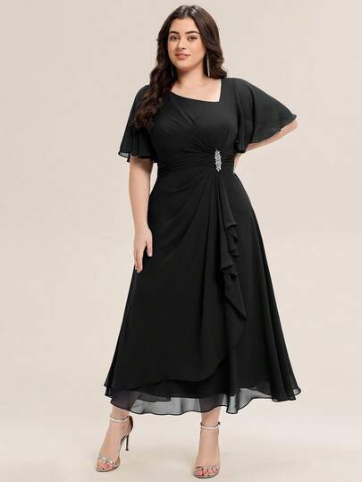 EVERPRETTY Plus Size Summer Elegant Chiffon Black Bridesmaid Dress Diamond Bead Embellishments Wedding Guest Dress Soft Ruffled Irregular Ruffled Dress Suitable For Wedding Formal Dinners Occasions