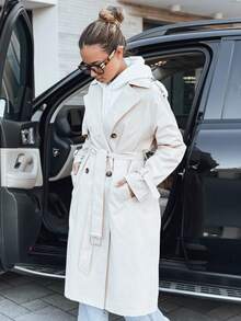 Damen-Trenchcoat mit doppelter Knopfleiste, knielang, normale Passform, Polyestergewebe, glattes Futter, Seitentaschen, klassischer Stil. - Beige - Übersicht 3