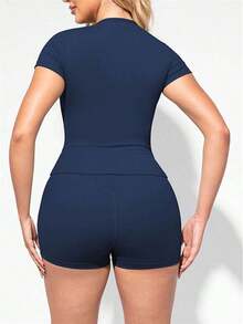 2 Piece Women's Solid Color Activewear Set, Crew Neck & Lapel Short Sleeve Tees With High-Waisted Biker Slim-Fit Shorts, High Stretch Gym Workout Outfit, Fitness Sportswear For Indoor Outdoor Casual Gym Fitness Workspace - 藏蓝色 - 查看 4