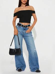 性感时尚百搭露肩针织女式上衣，春夏新品 - 黑色 - 查看 5