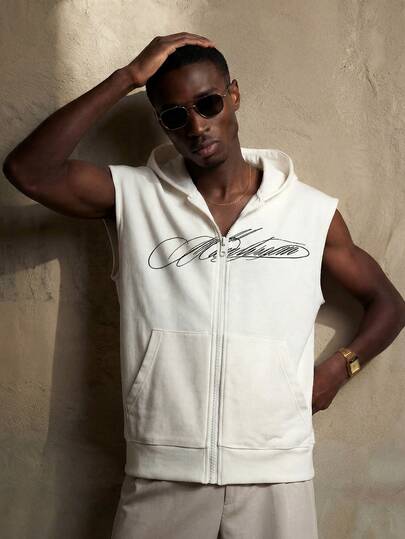 男士无袖连帽背心，复古手写印花休闲背心衬衫