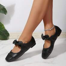 New Spring/Summer Low Vamp Versatile Bow Tie French Soft Leather Square Toe Flat Shoes,Ballet Flats - Black - View 3