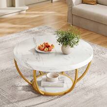 LITTLE TREE Round Coffee Table, 32" Circle Coffee Table For Living Room, 2-Tier Wood Accent Center Table With Open Storage Industrial Design Home Furniture (White And Gold) - 白色和金色 - 查看 12