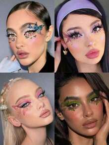 6 Sheets Colorful Butterfly Tattoos Waterproof Temporary Glitter Eye Tattoos Stickers For Halloween Valentine's Day Festival Party Prom Date Makeup Accessories - 彩色 - 查看 3