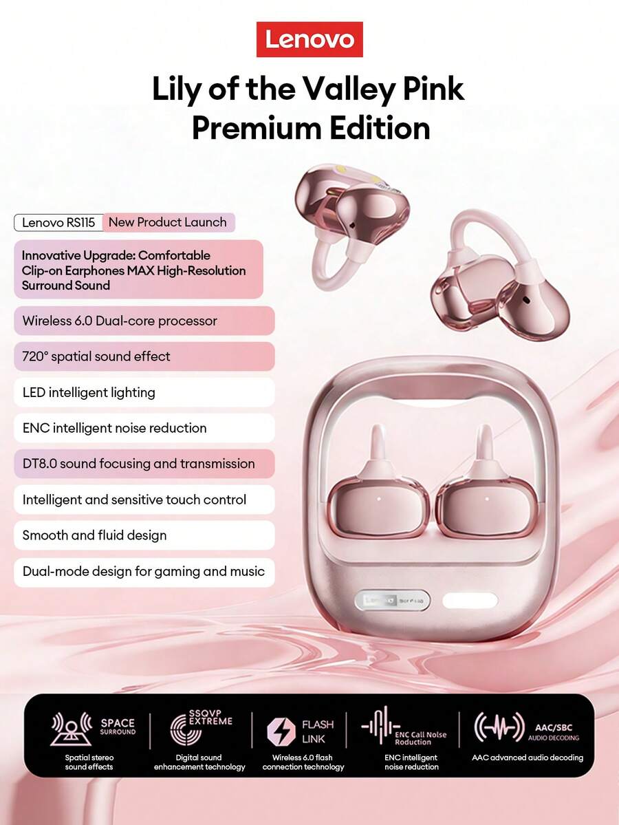 Écouteurs Bluetooth mode de mode Lenovo RS115 Nouveau, style clip avec lumière LED intelligente, Bluetooth 6.0, son surround, appel ENC, longue durée de vie de la batterie, audio directionnel, mode jeu et musique à faible latence, écouteurs sans fil pour smartphones, ordinateurs, cadeau de vacances - Or rose - Voir 1