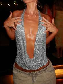 Mejors 女士性感可爱 Y2K 风闪亮透明轻盈丝绒高领露背针织吊带背心，修身剪裁，细肩带背心，适合春夏外出、海滩、派对、夜店等场合，灰色/银色 - 銀色 - 查看 3