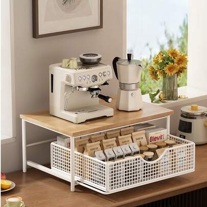 1 Piece Black/White Kitchen Microwave Oven Rack Stand With Drawer - Sturdy Wooden And Metal Construction, Space-Saving Countertop Storage Rack For Dishes, Cookware, Coffee Maker, Utensils, Spices - No Electricity Needed, Stylish Design, Home Organization, Kitchen Countertop Organizer With Drawer And Metal Basket