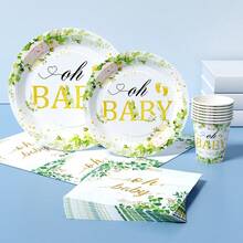 Green & Gold Greenery "Oh Baby" Disposable Plates, Napkins, Cups - One Time Use Party Set, Serves 8 Guests, Suitable For Birthday, Wedding, Theme Party, Family Picnic - Multicolor - View 3