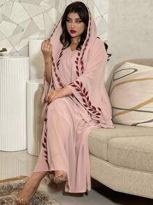 Fashion Street Style Summer Chiffon Embroidered Long Dress With Headscarf, Pink Round Neck, Modest Kaftan Spring - Pink - View 2