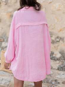 Women's Loose Long Sleeve Button Down Shirt Blouse, Solid Color Suitable For Valentine's Day Casual Spring - Baby Pink - View 3