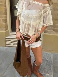 Bohemian Women's Lace Folded Lace Shirt Top - Casual Perspective Loose Short Half Sleeve Top, Suitable For Summer Daily Vacation Party Cowboy Concert - 象牙白 - 查看 2