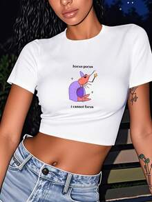 1pc I Cannot Focus Wizard Shrimp Graphic Print Women's Fashion Short Sleeve T-Shirt,Y2K Top Crop,Back To School,Vintage,Street Wear, Rock, Holiday, Vacation, Festival, Summer Tops - 白色 - 查看 2