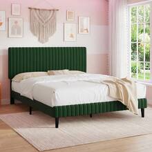 Twin Bed Frame, Velvet Upholstered Platform Bed With Vertical Channel Tufted Headboard And Footboard, Pink/ White/ Green/ Black/ Blue, Full Bed Frame/ Queen Bed Frame/ King Bed Frame ﻿ - 綠色 - 查看 1