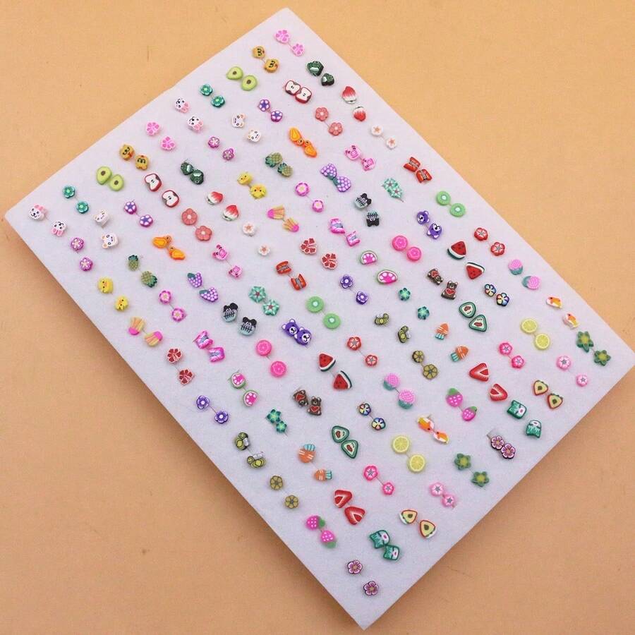 100对极简主义海绵手工卡通软陶耳钉,款式随机,手工制作,厚度不一 - 100對小軟陶不含盒 - 查看 1