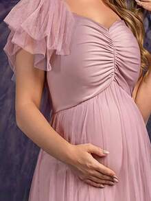 Faeriesty Elegant Maternity Plus Size Soft Pink Asymmetric Neckline Maxi Party Gown For Women | Sheer Mesh & Tulle Fabric With Multi-Layer Flounce , Chest Ruched Detailing For Feminine Dimension, Perfect For Spring Weddings, Mother's Day Celebrations - Mauve Purple - View 7